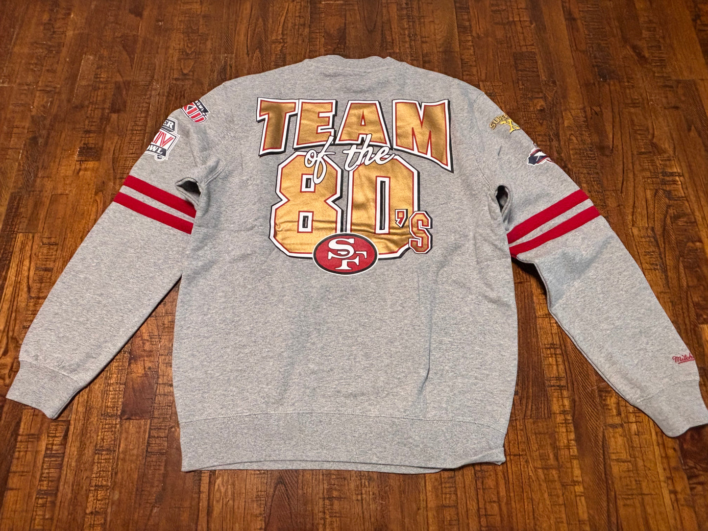 San Francisco 49ers Mitchell & Ness Throwback NFL Super Bowl Champions Big Face Logo All Over Print Long Sleeve Pullover Sweat Shirt Sweater Heather Gray Red Men’s Large L New NWOT