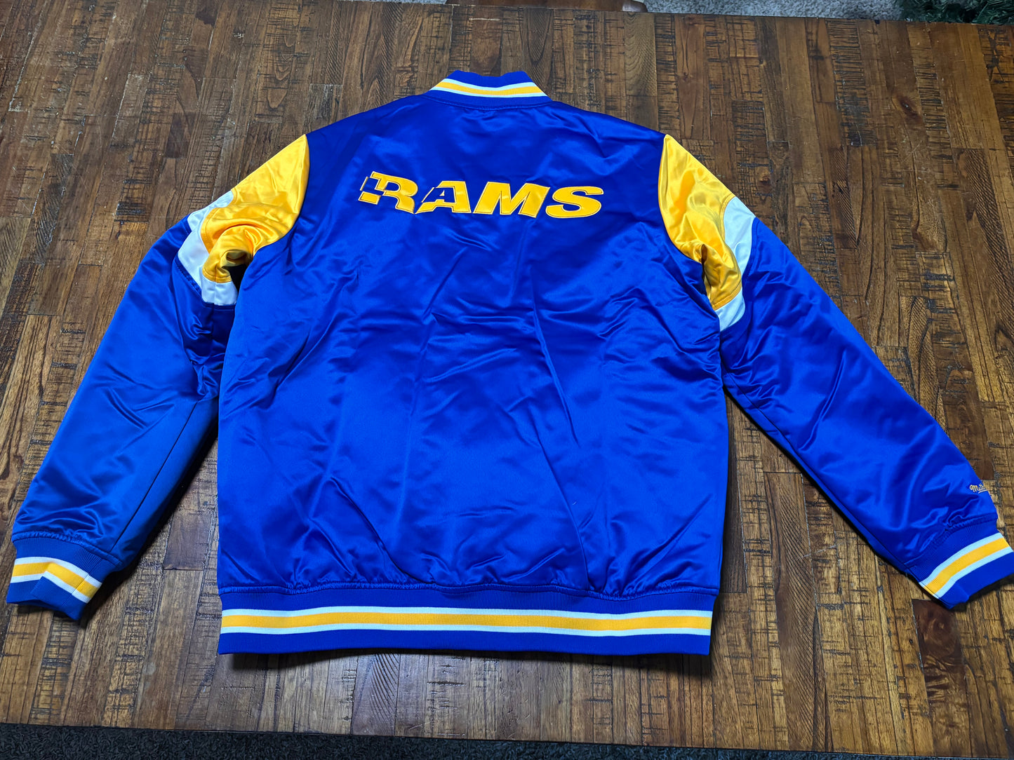 Saint Louis LA Los Angeles Rams Mitchell & Ness NFL Football Throwback Heavy Weight Full Button Down Long Sleeve Pullover Satin Jacket Shirt Gold Yellow Blue Men’s Large L New NWOT