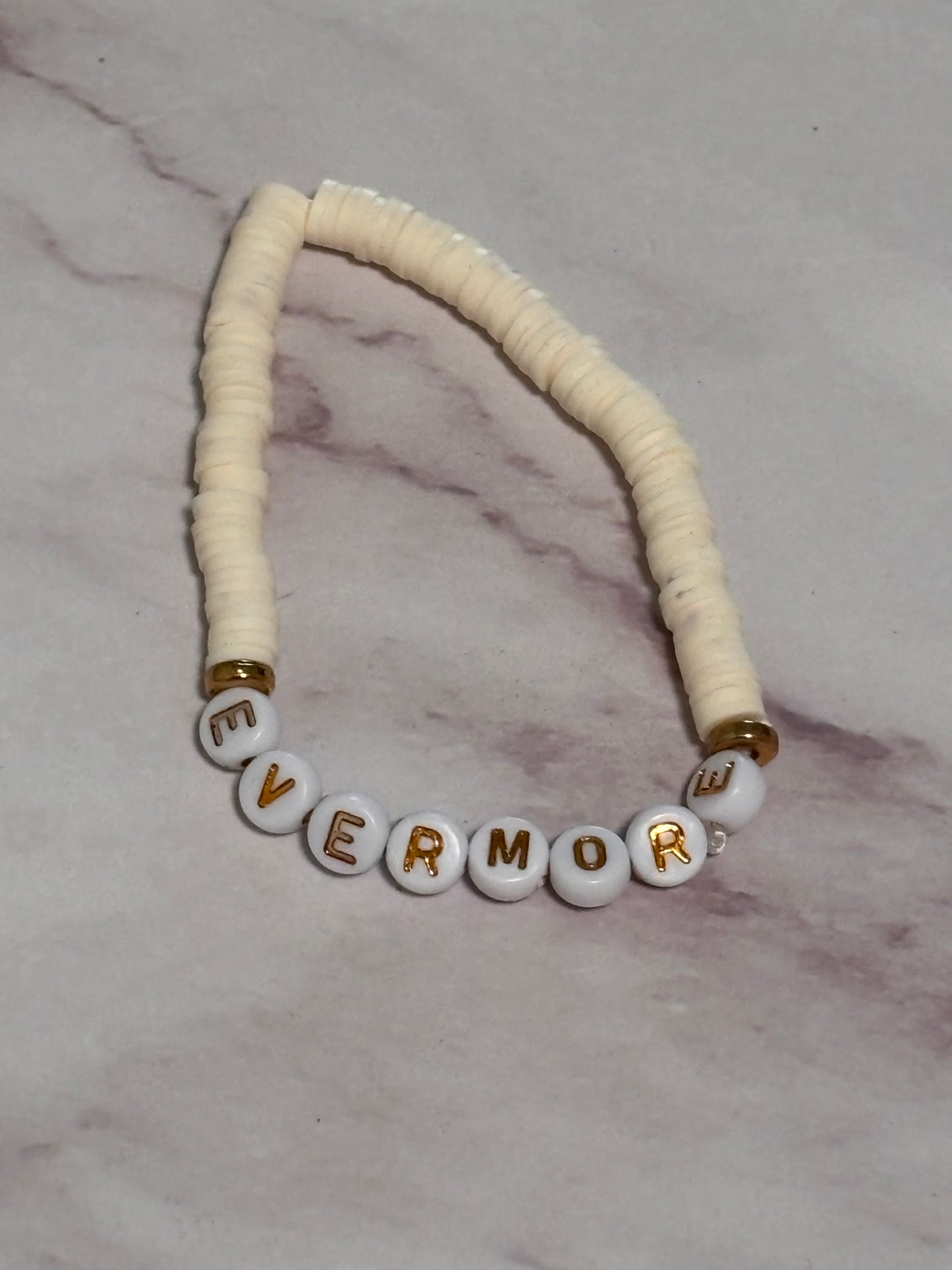 Evermore White Creame Heishi Word Bracelet 7 Inch Polymer Clay Gold White Letter Beads