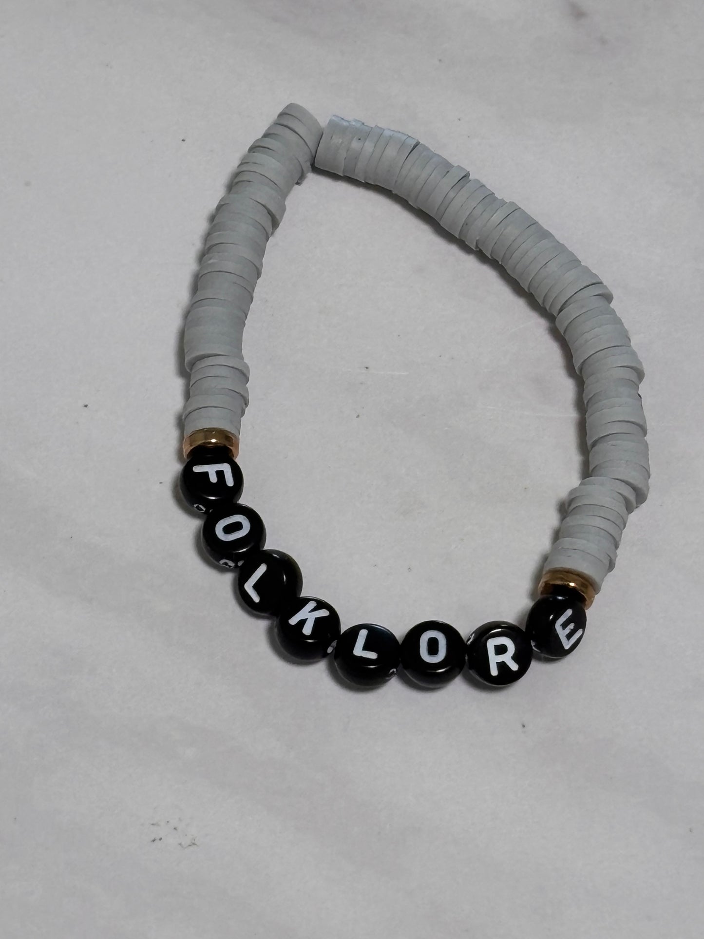 Folklore Grey Heishi Word Bracelet 7 Inch Polymer Clay Black White Letter Beads