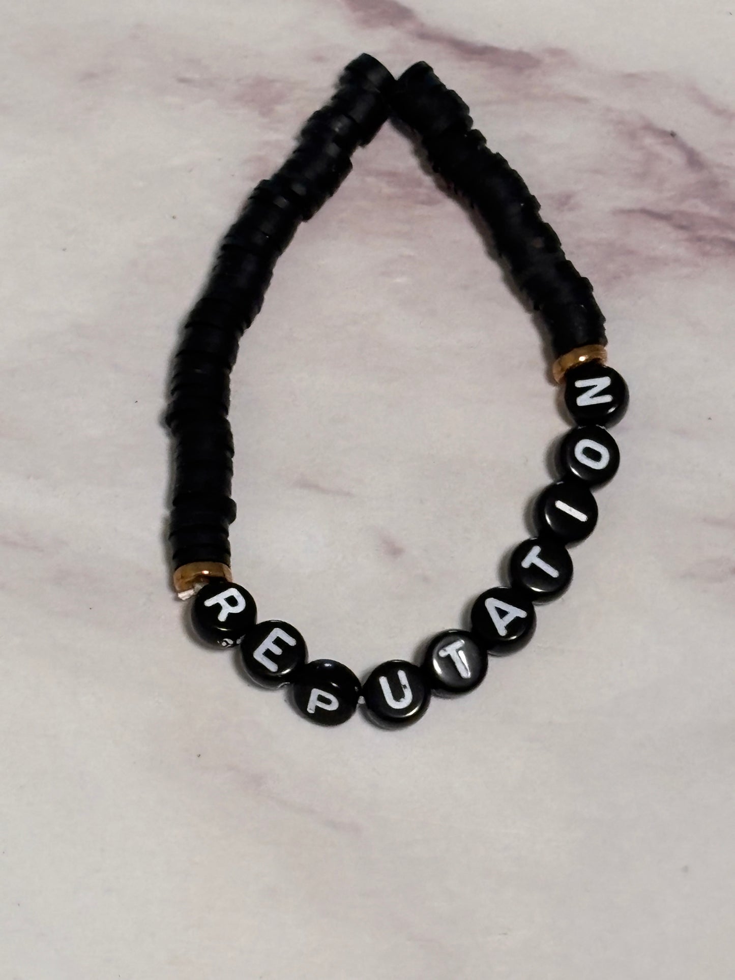 Reputation Black Heishi Word Bracelet 7 Inch Polymer Clay Black White Letter Beads
