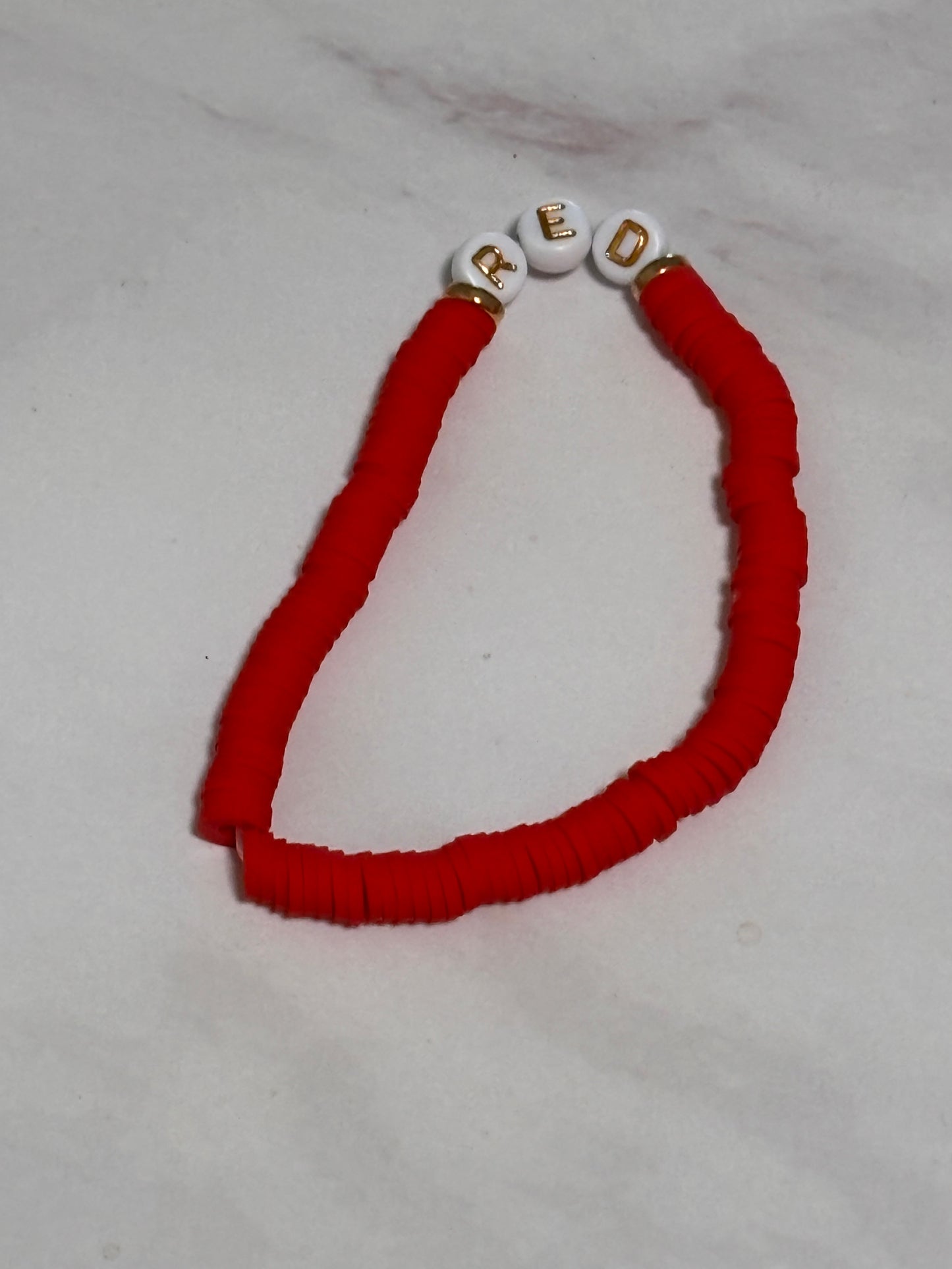 Red Red Heishi Word Bracelet 7 Inch Polymer Clay Gold White Letter Beads