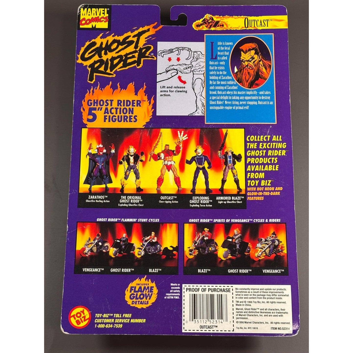 1996 Marvel Toybiz Ghost Rider 6" Outcast w/ Claw Ripping Action Figure New