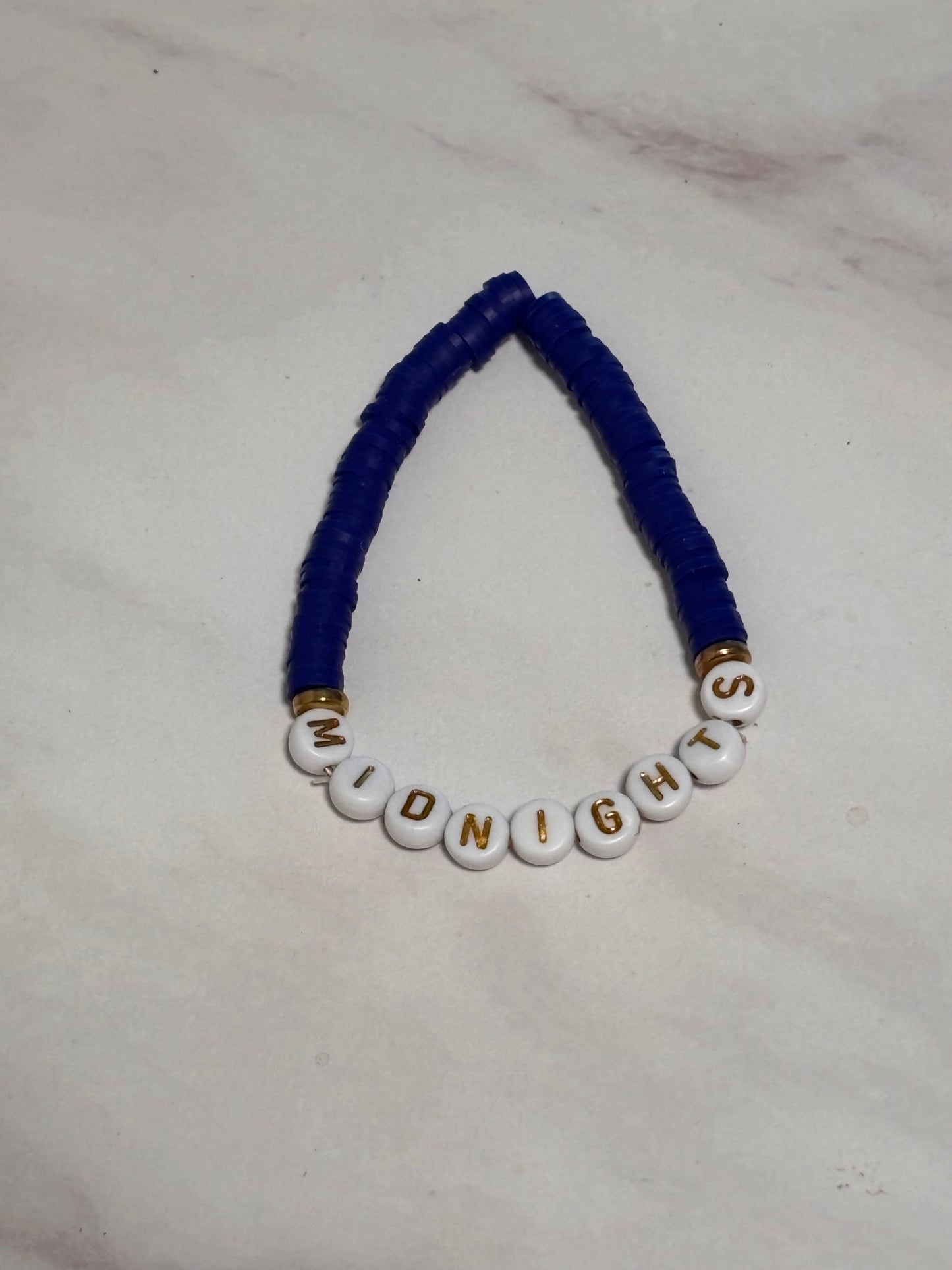 Midnight Blue Heishi Word Bracelet 7 Inch Polymer Clay White Gold Letter Beads