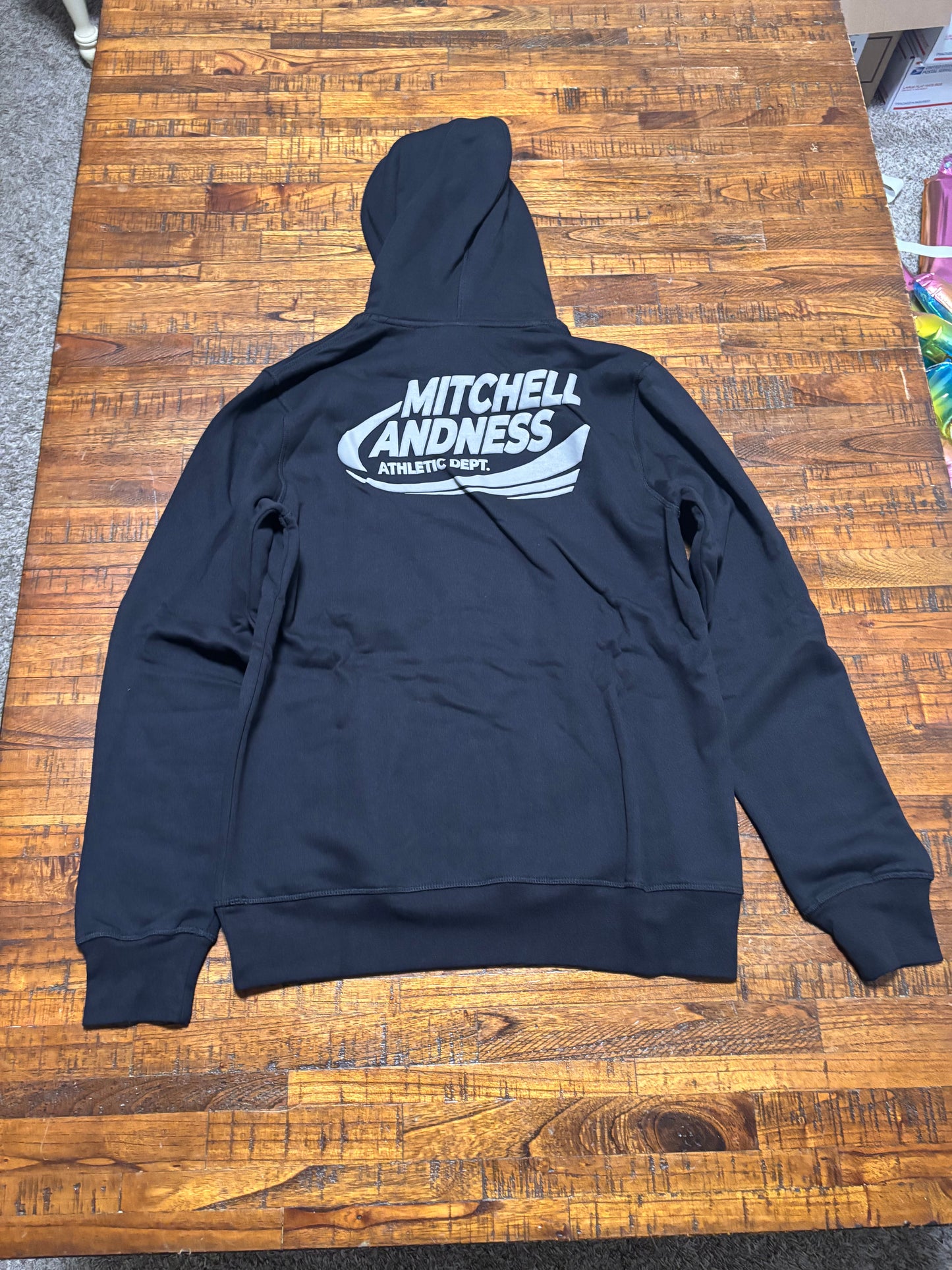 Mitchell & Ness Branded Sports Big Logo Graphic Flag Pullover Sweat Shirt Hoodie Hooded Long Sleeve Tee T Shirt Black White Men’s Large L New NWOT