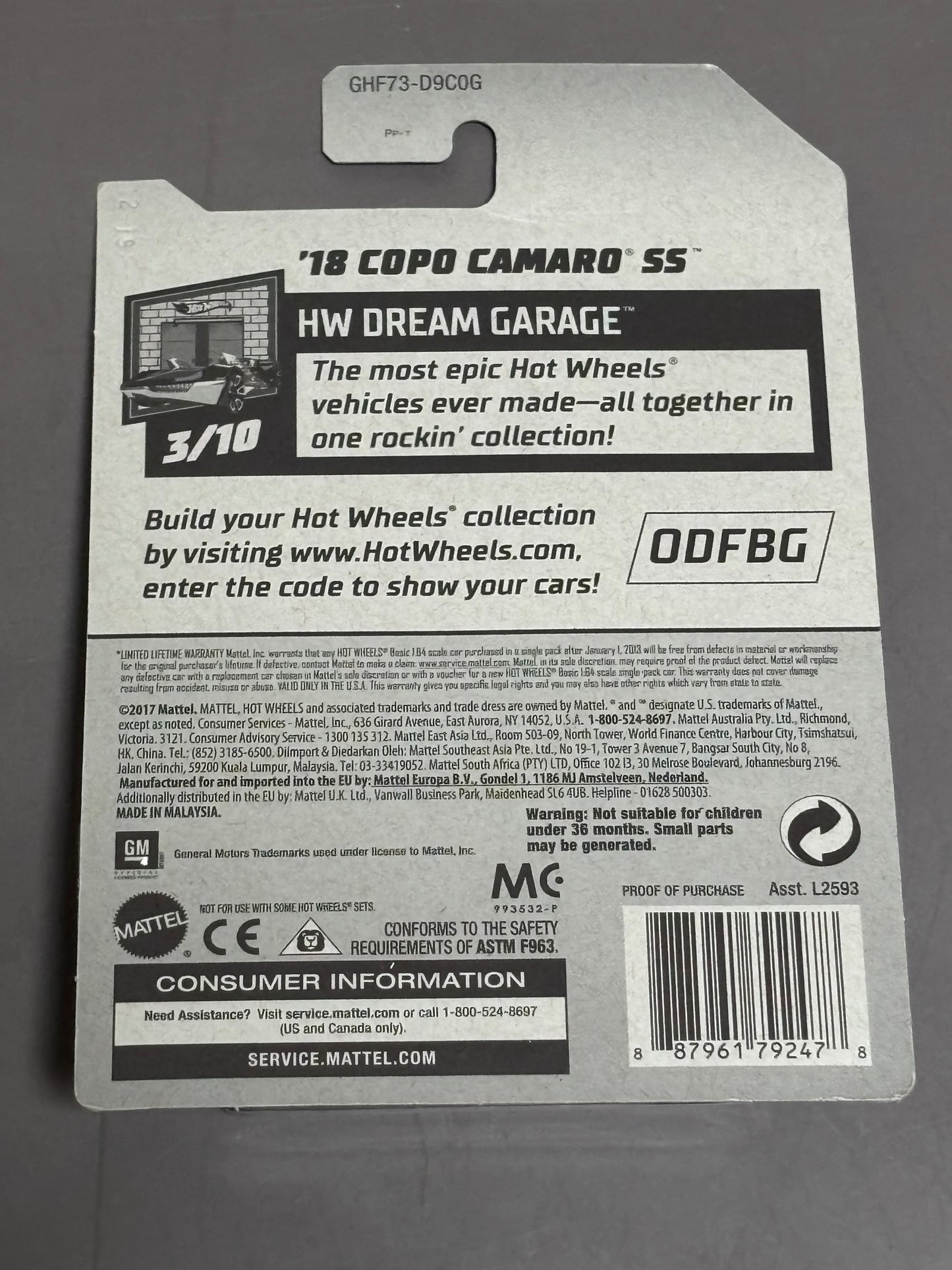 Hot Wheels 2020 Hw Dream Garage 3/10 '18 Copo Camaro SS Black 20/250 New