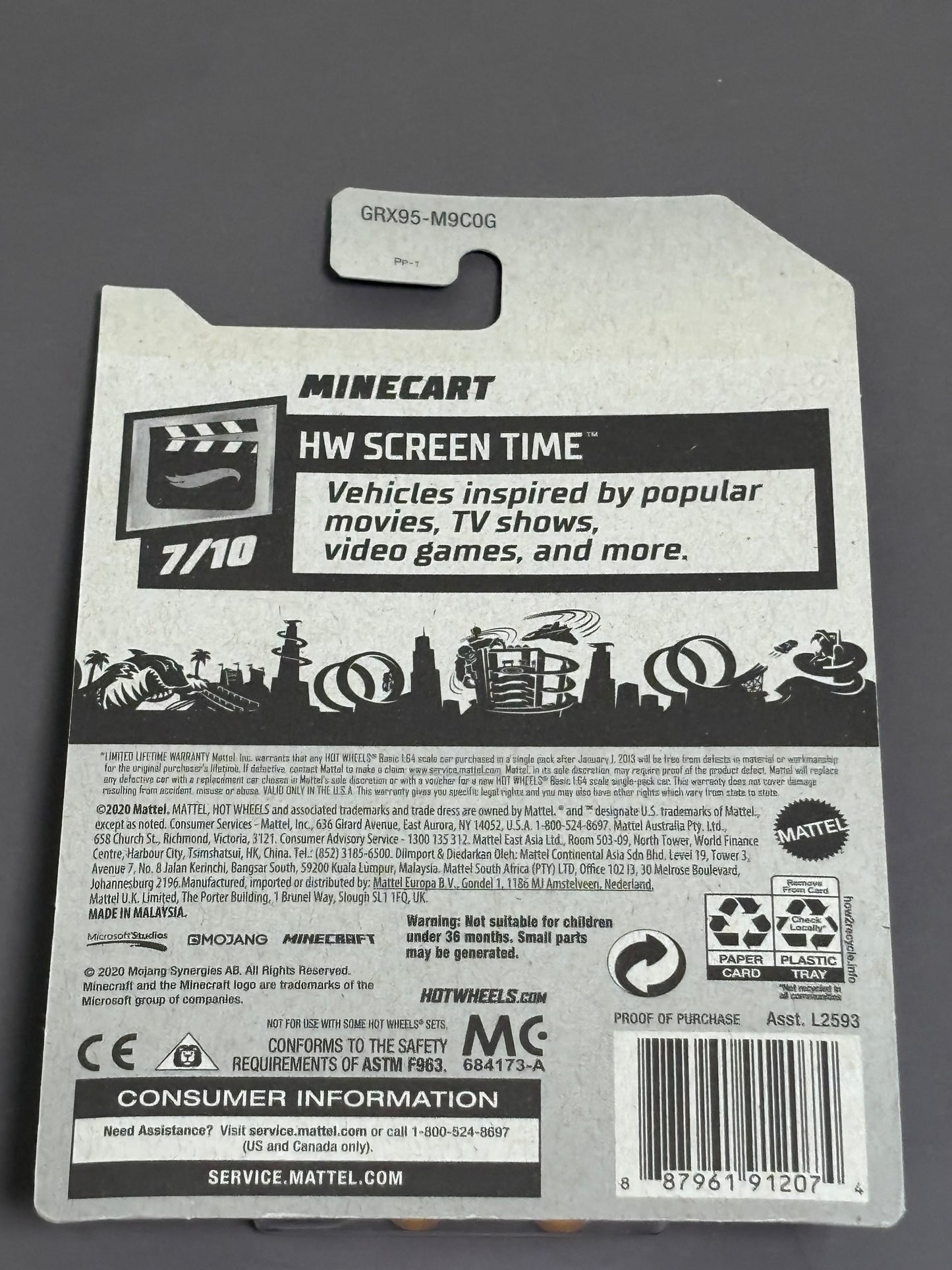 Hot Wheels 1:64 Minecart Diecast Car Minecraft HW Screen Time Yellow Gold 2020