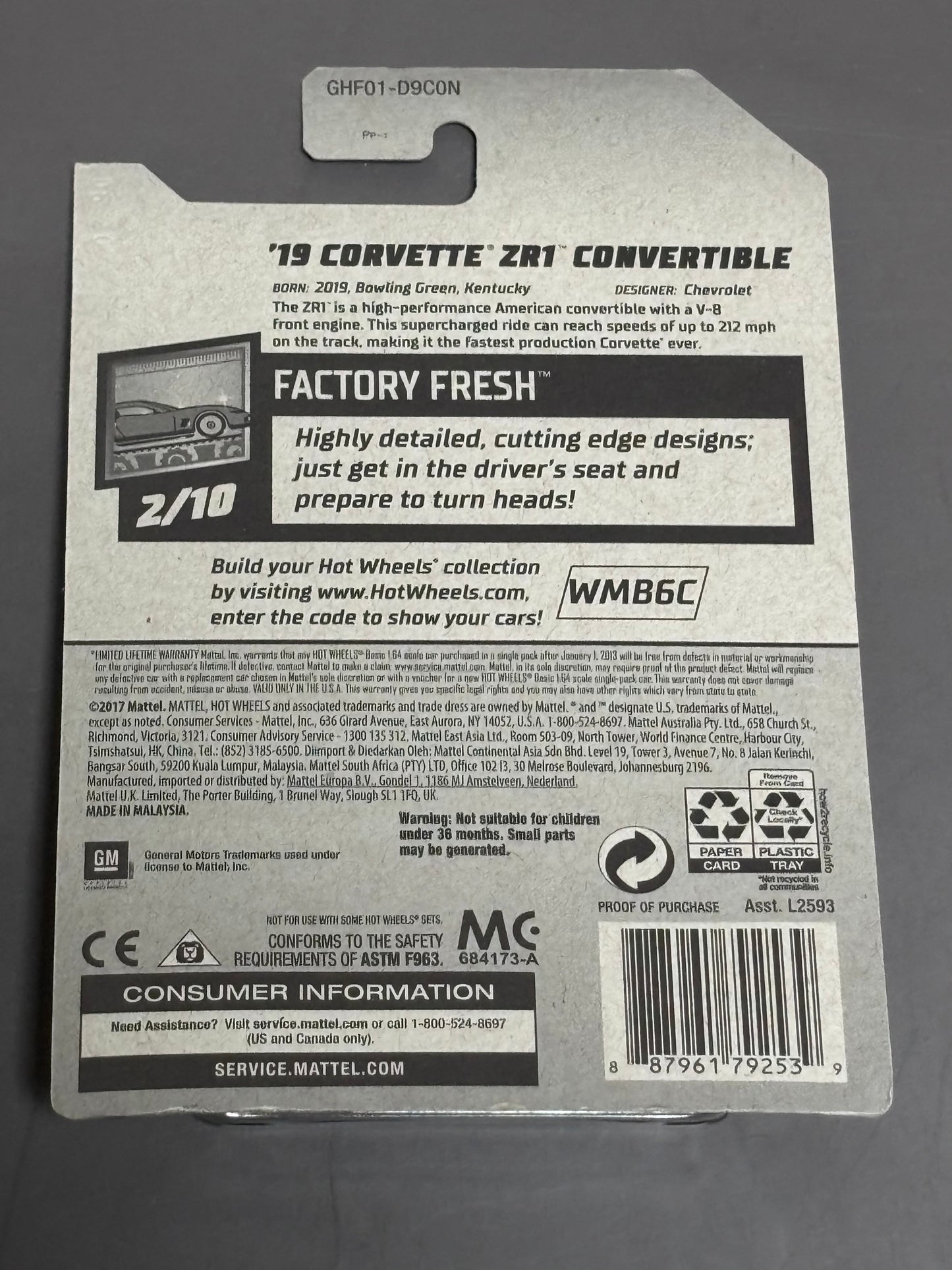 2020 Hot Wheels '19 Corvette ZR1 Convertible #144/250 Blue Version #2/10 New