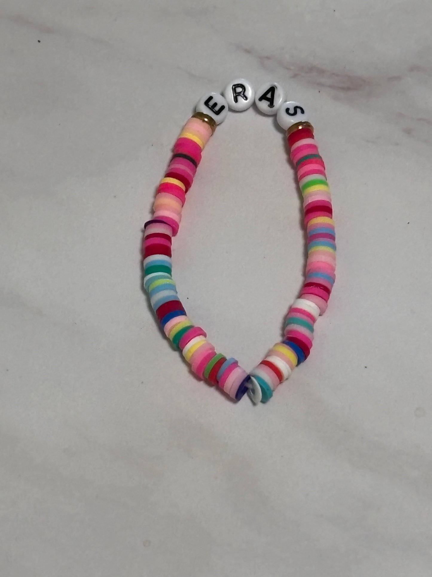 Eras Rainbow Heishi Word Bracelet 7 Inch Polymer Clay Gold White Letter Beads
