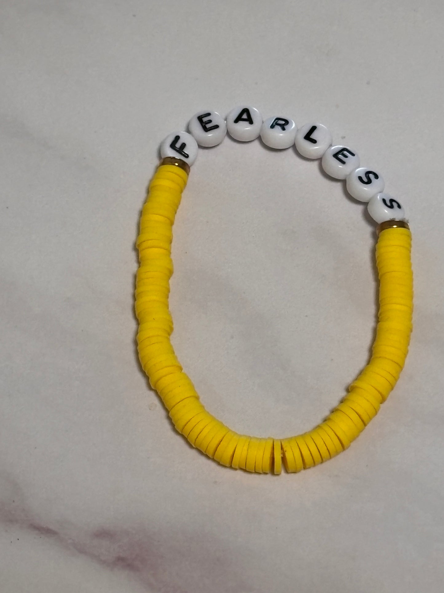 Fearless Yellow Heishi Word Bracelet 7 Inch Polymer Clay Gold White Letter Beads