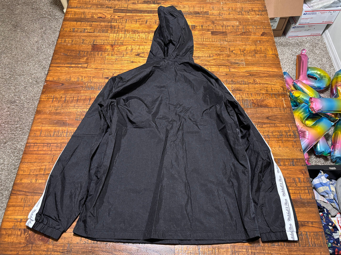 Mitchell & Ness Branded Windbreaker Anorak Jacket Pullover Long Sleeve Hood Hooded Black White Trim Mens Large L New NWOT
