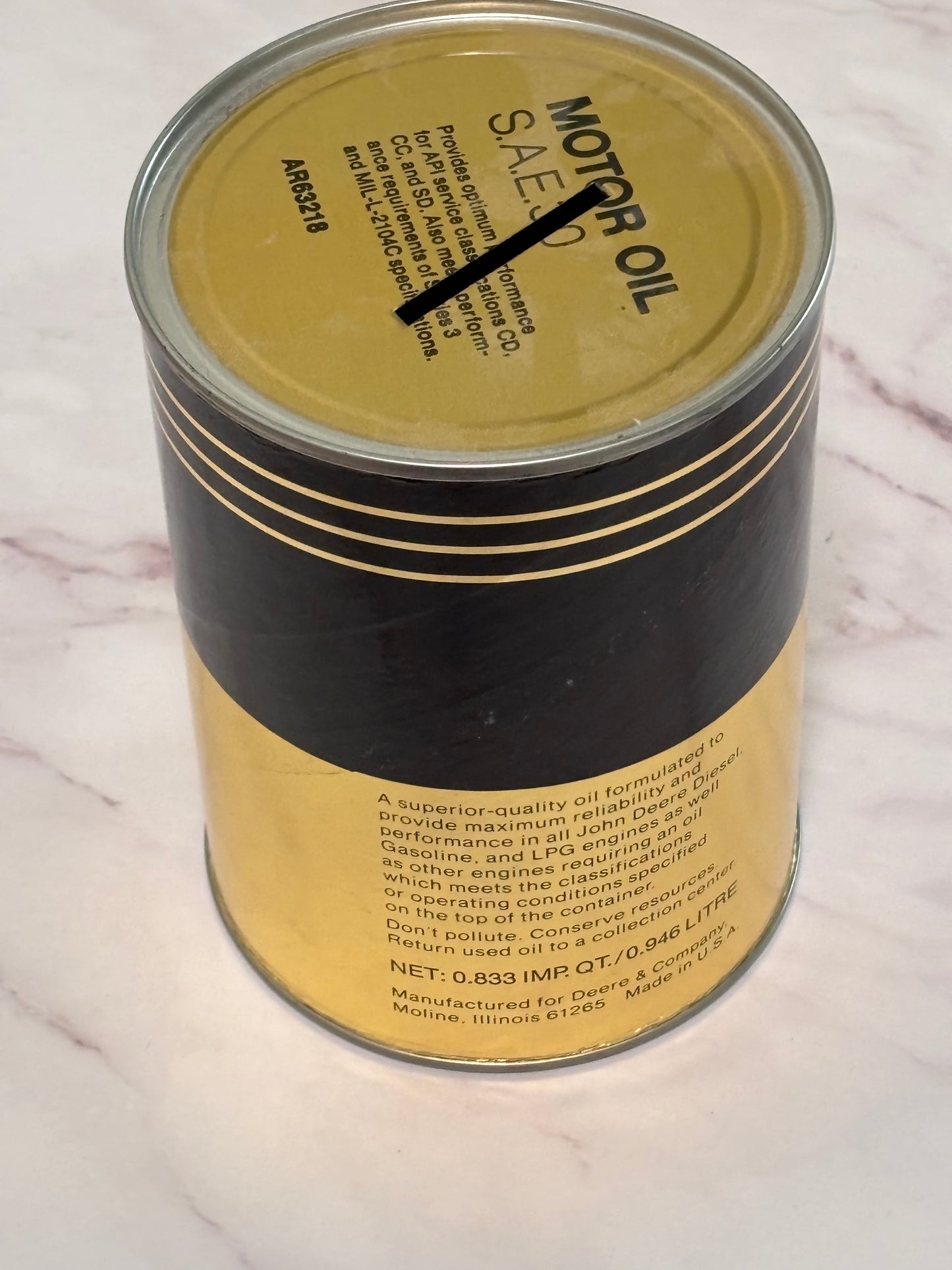 John Deere Torq-Gard Supreme Engine Oil Can Vintage 1Qt Collector Empty Bank