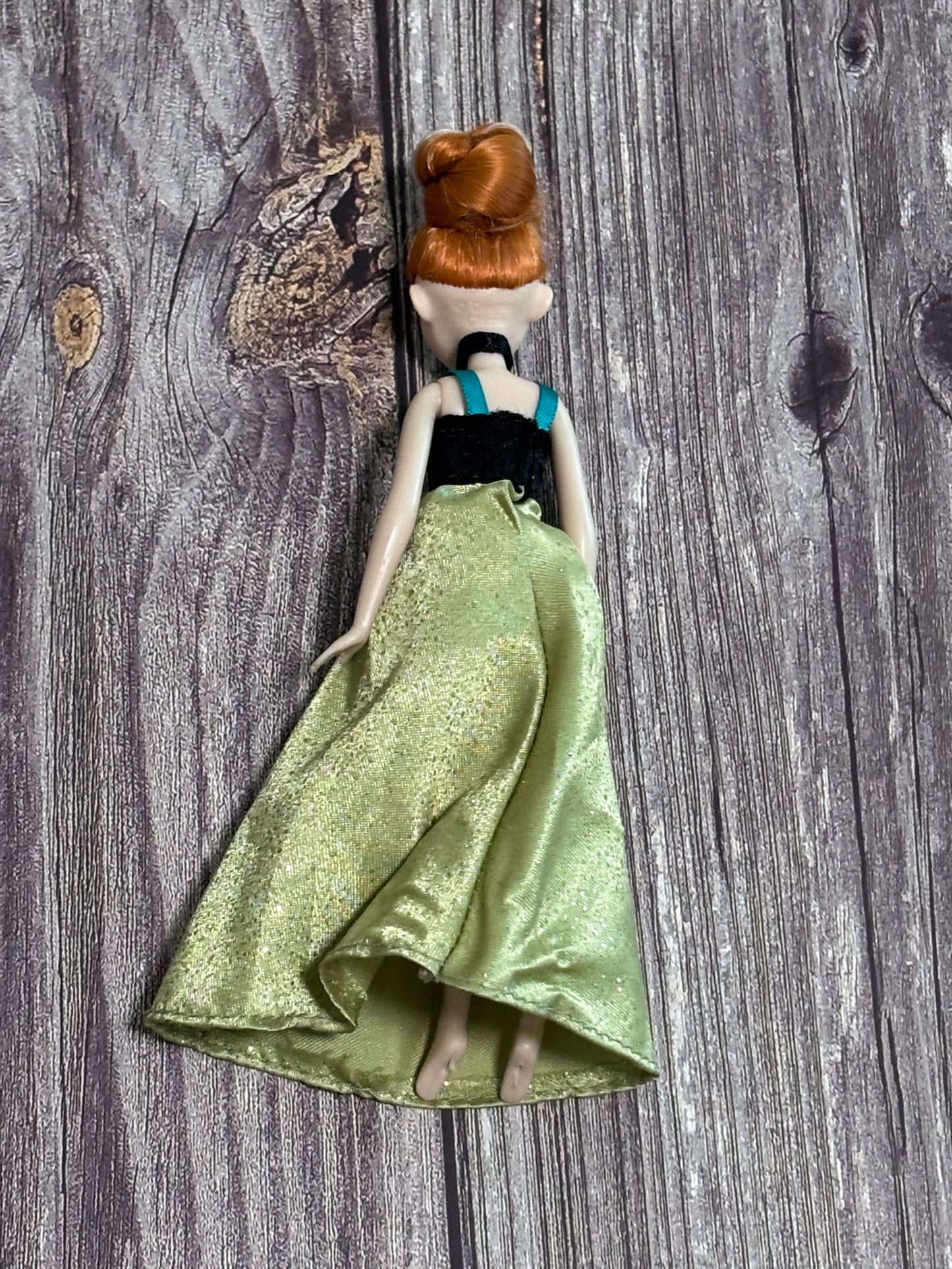 Disney Frozen Anna Doll Green Black Gown Updo Hair Blue Eyes 4"
