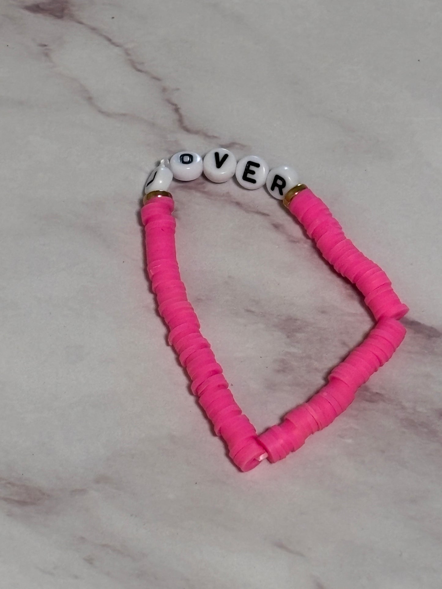 Lover Hot Pink Heishi Word Bracelet 7 Inch Polymer Clay Gold White Letter Beads