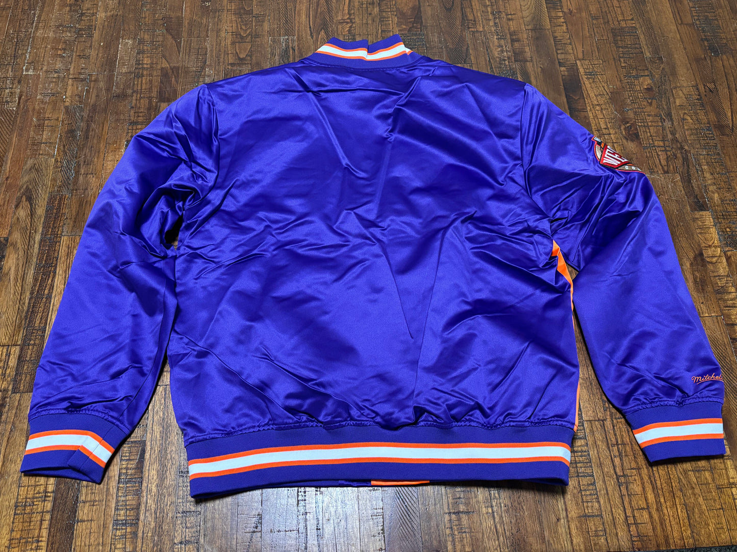 Phoenix Suns Mitchell & Ness NBA Retro Hardwood Classic HWC Split Satin Full Snap Lightweight Bomber Jacket Orange Purple Mens L Large New NWOT