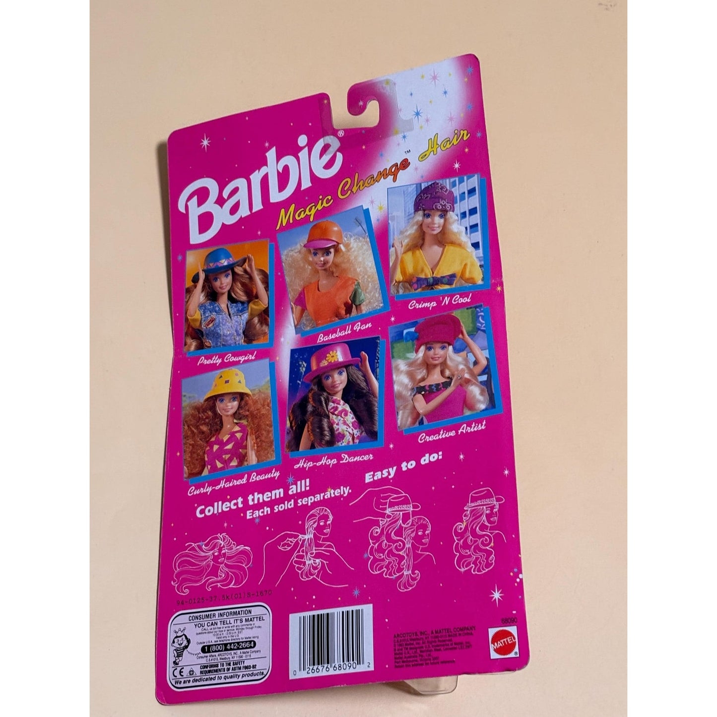 Vintage Mattel Barbie Magic Change Hair Baseball Fan 68090 Curly Blonde Wig 1993