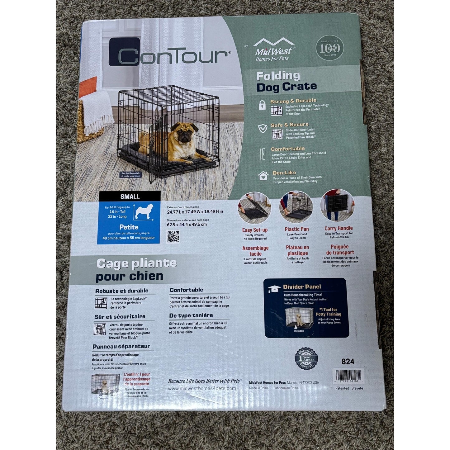 Contour 824 Satin Black Electro-Coat 1-Door Folding Dog Crate fits 16x22 dog