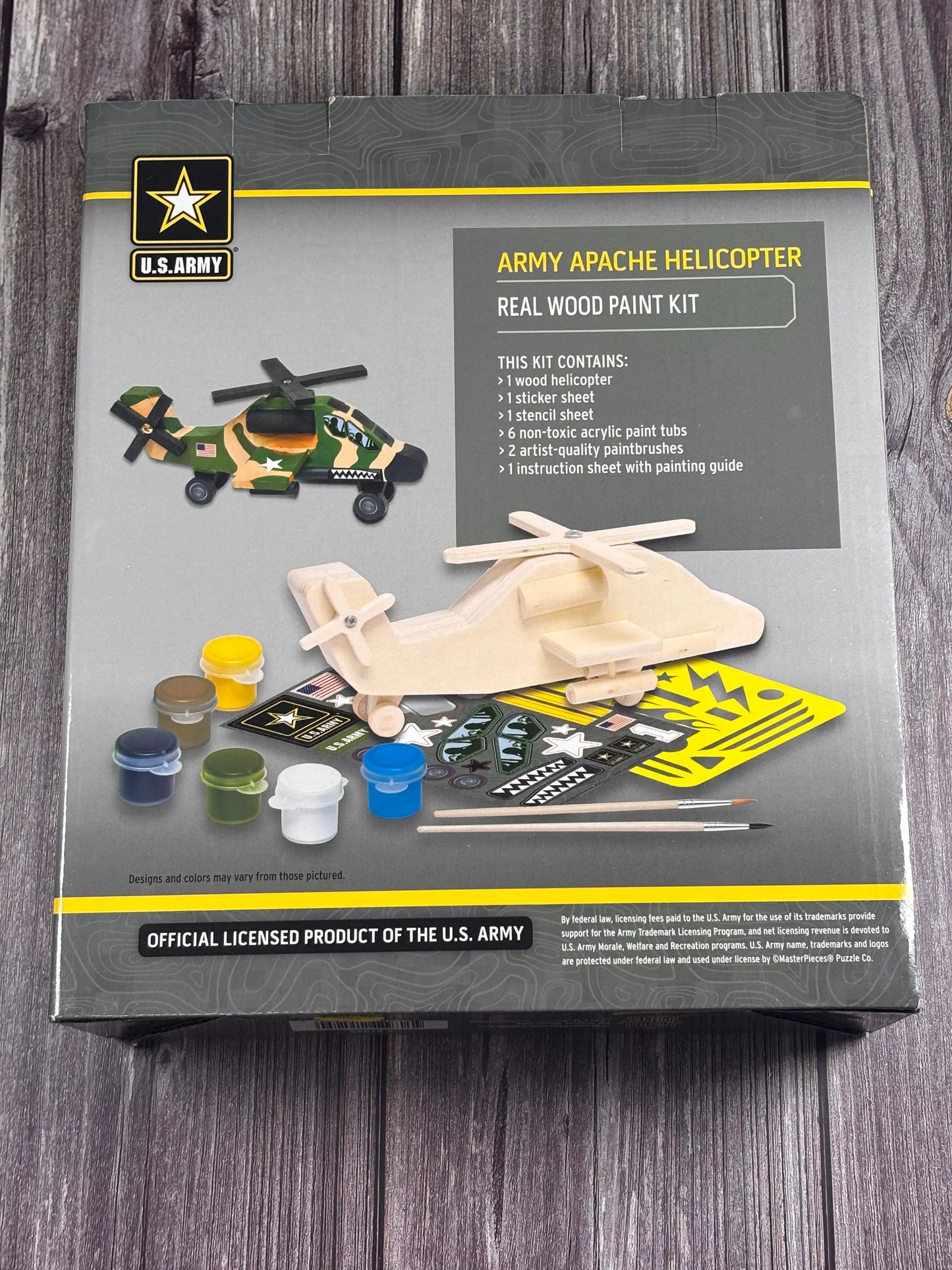 U.S. Army Apache Helicopter Wood Craft Paint Kit W/ Brushes Acrylic Paints Masterpiece New