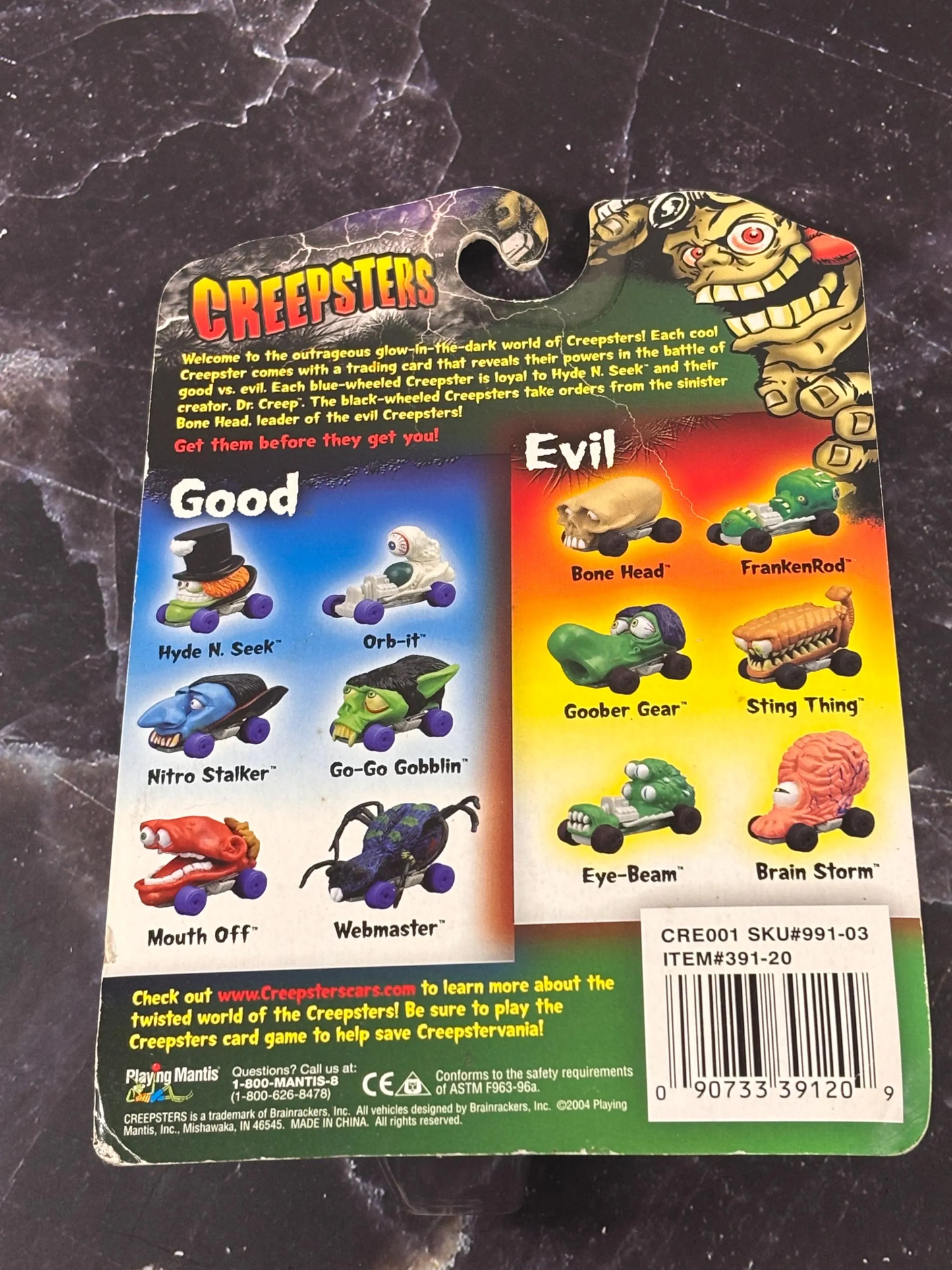 2004 Playing Mantis Creepsters Glows in the Dark Monster Head Die Cast Car New Evil FrankenRod