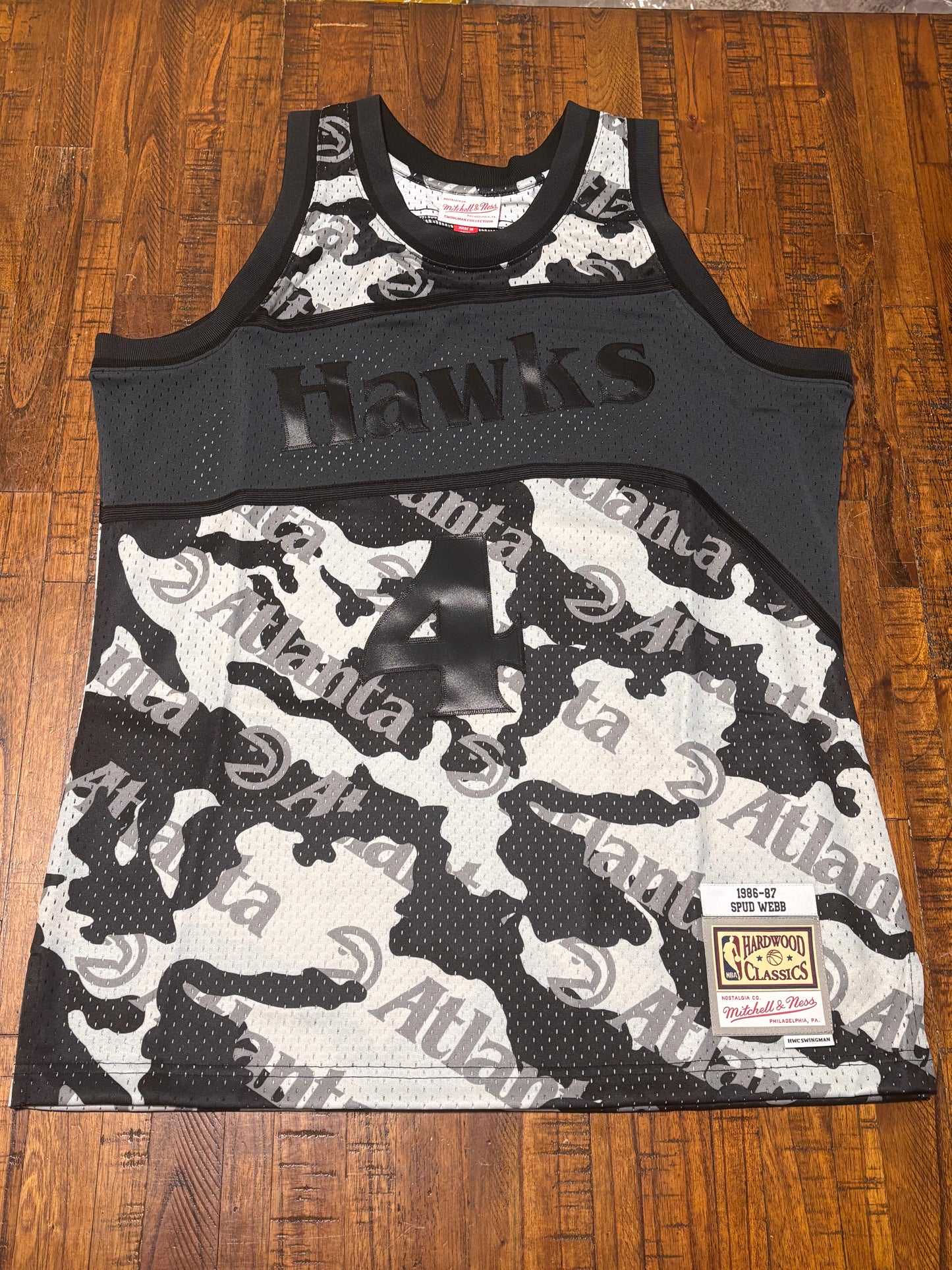Spud Webb Atlanta Hawks Mitchell & Ness Hardwood Classic HWC NBA Retro Swingman 1986-87 Camo Jersey Ghost Black White Men’s Large L New NWOT