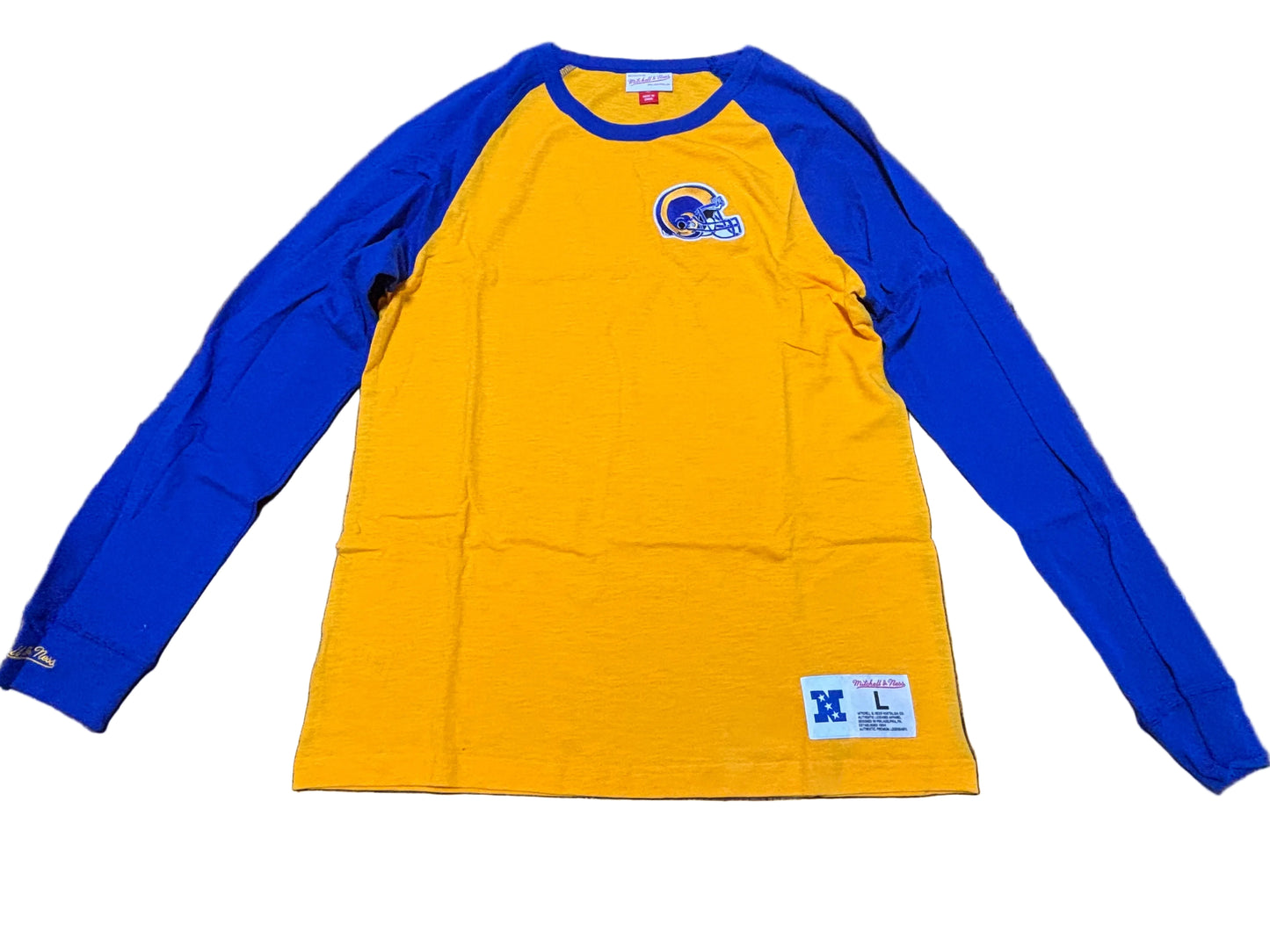 Saint Louis Los Angeles Rams Mitchell & Ness NFL Football Throwback Big Face Logo Team Origins Long Sleeve Pullover Shirt T-Shirt Gold Yellow Blue Men’s Large L New NWOT