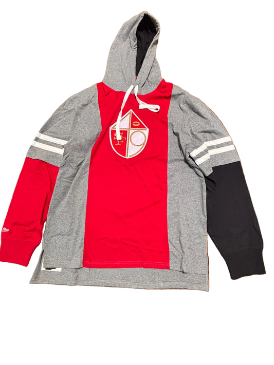 San Francisco 49ers Mitchell & Ness NFL Football Throwback Scarlet Shield Twofer Layered Long Sleeve Hoodie Hooded Sweat Shirt T-Shirt Red Black Gray Men’s Large L New NWOT