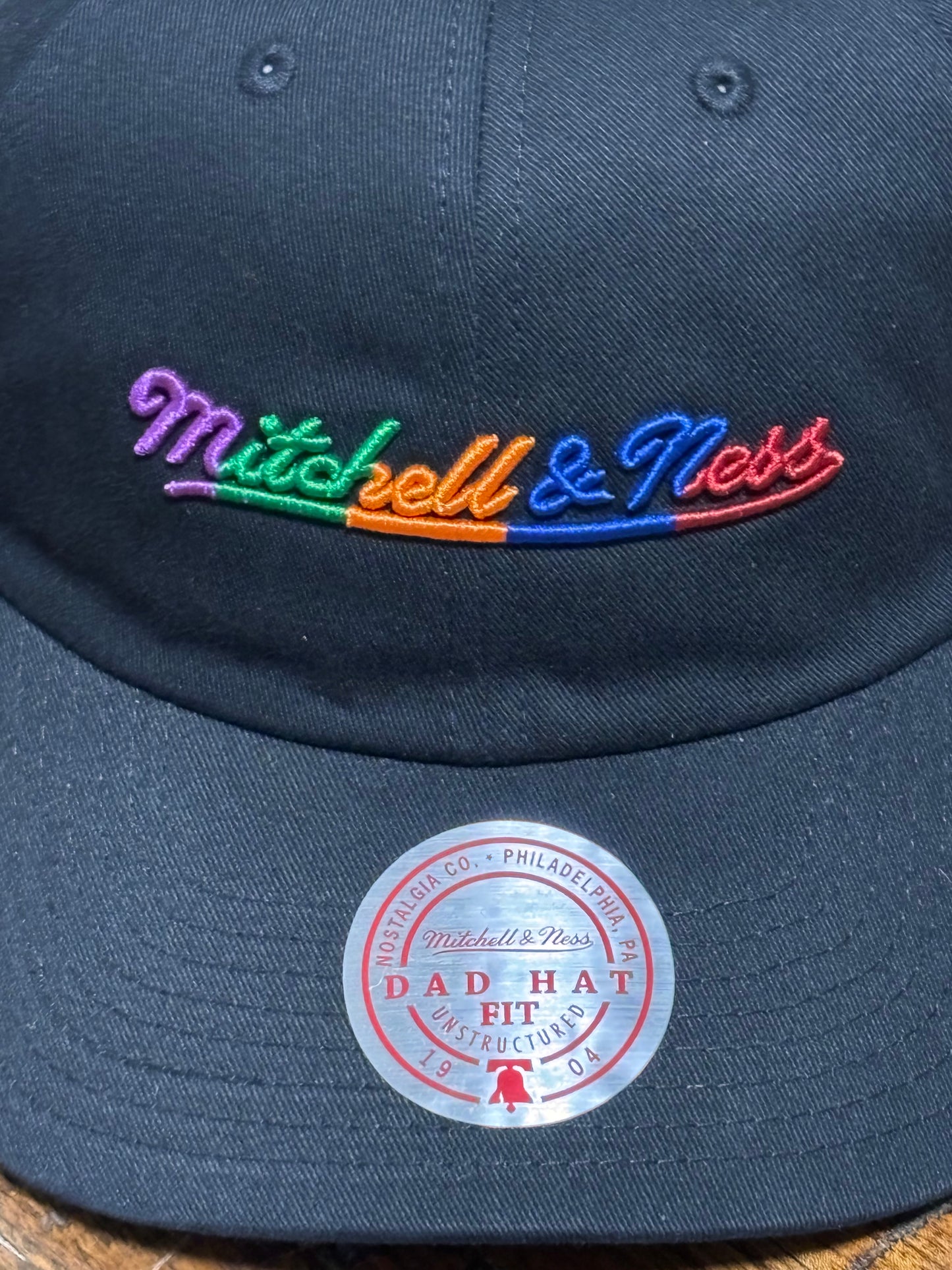 Mitchell & Ness Branded Vintage Pinscript Essential Strapback Adjustable Dad Hat Fit Cap Black Rainbow New