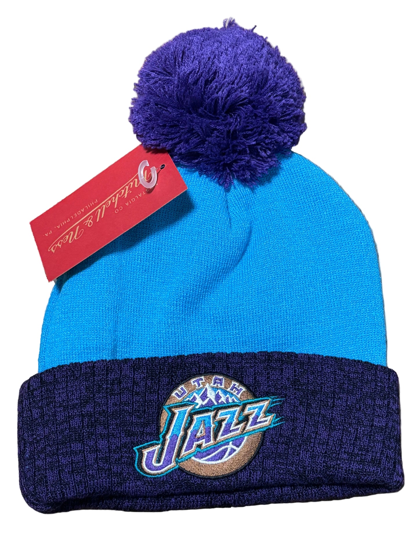 Utah Jazz Mitchell & Ness NBA Retro Hardwood Classic HWC Two Tone Quilted Knit Skull Cap Pom Pom Beanie Hat Blue Purple Teal Turquoise New NWT