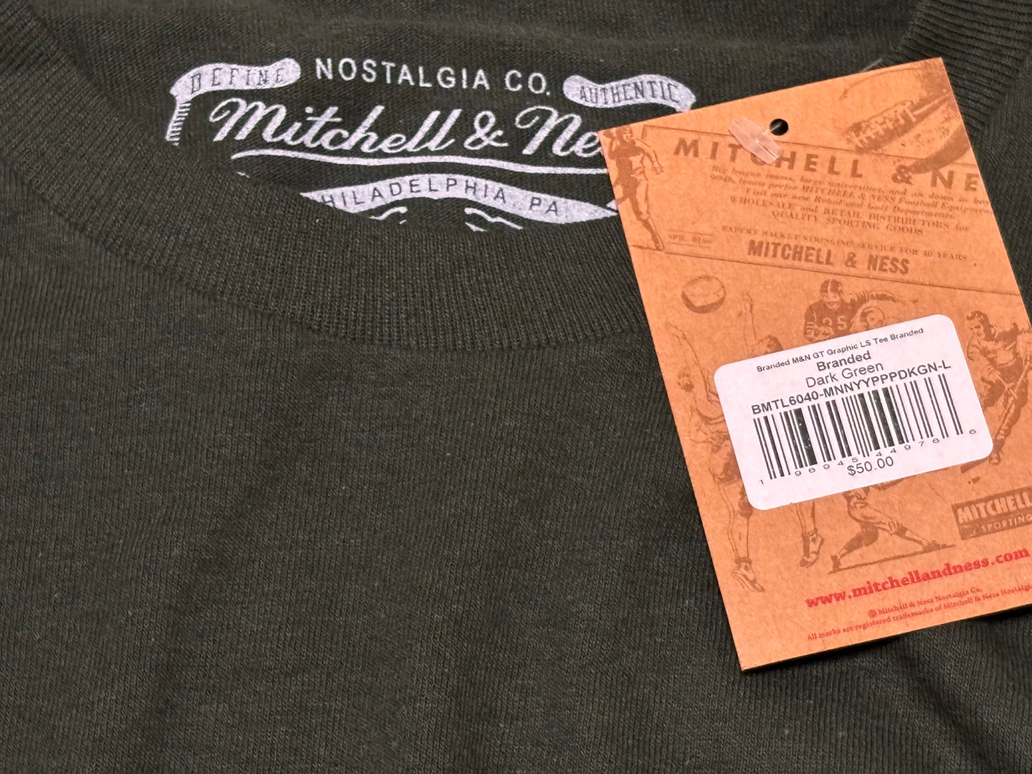 Mitchell & Ness Branded Sports Heavyweight Logo Graphic Long Sleeve Golf Tennis Tee T Shirt Dark Green White Men’s Large L New NWT