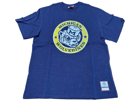 Michigan State Wolverines Mitchell & Ness College Vault Collegiate Football NCAA Logo Navy Blue Yellow Short Sleeve Tee Shirt Men’s Large L NWOT New