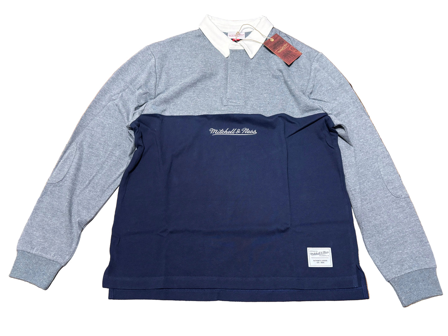 Mitchell & Ness Branded Sports Polo Rugby Blocked Long Sleeve Tee T Shirt Navy Blue Heather Gray Men’s Large L New NWT