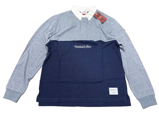 Mitchell & Ness Branded Sports Polo Rugby Blocked Long Sleeve Tee T Shirt Navy Blue Heather Gray Men’s Large L New NWT