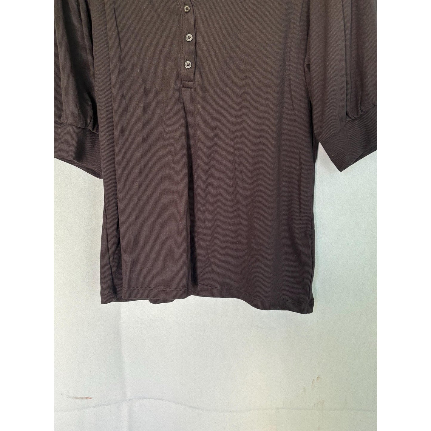 The Gap Fitted Henley Puff Sleeve Top Shirt Ribbed Black XL NWT