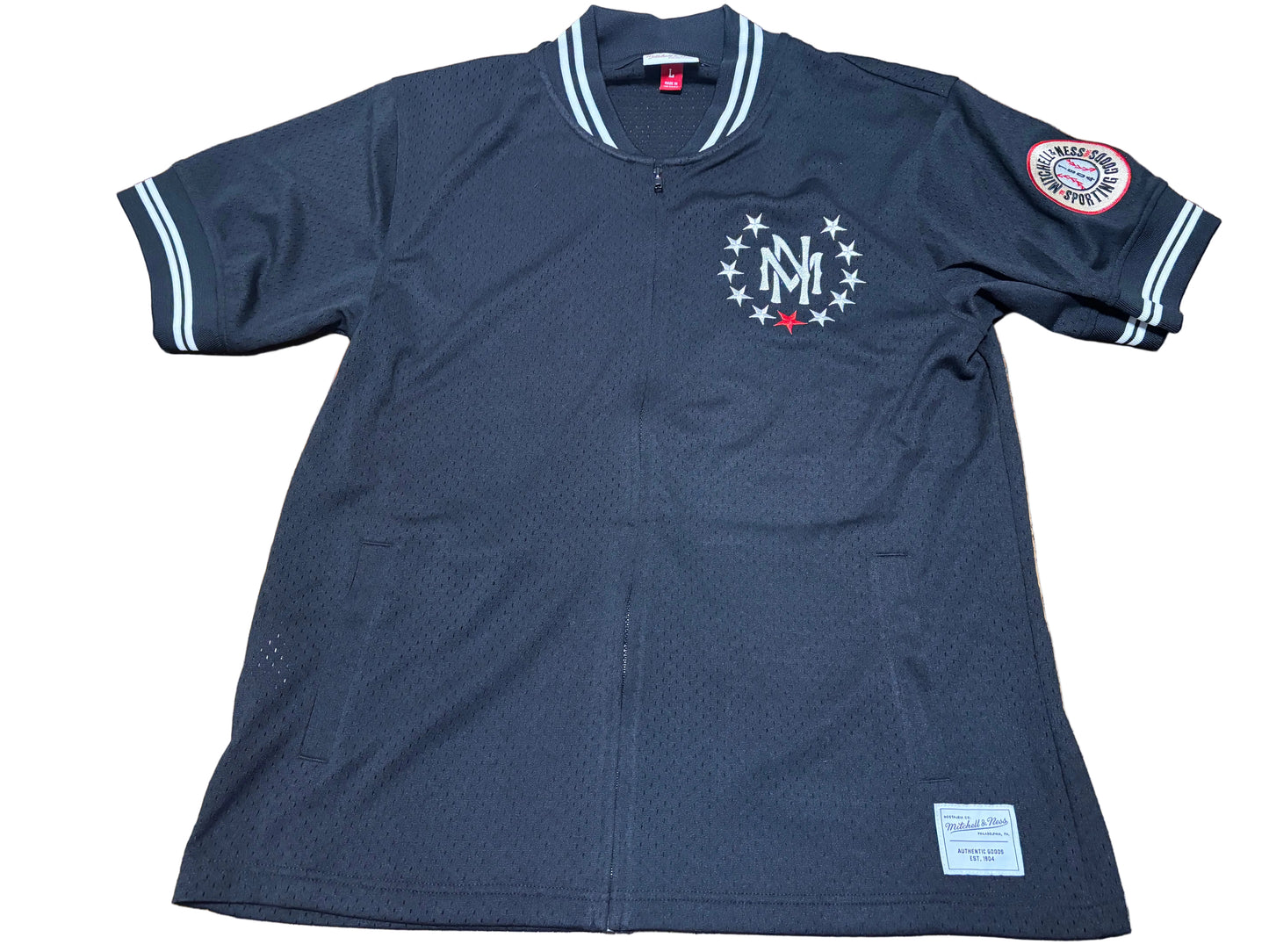 Mitchell & Ness Branded Sports Big Logo Full Zipper Mesh Short Sleeve Baseball Jersey Tee T Shirt Black White Gray Men’s Large L New NWOT