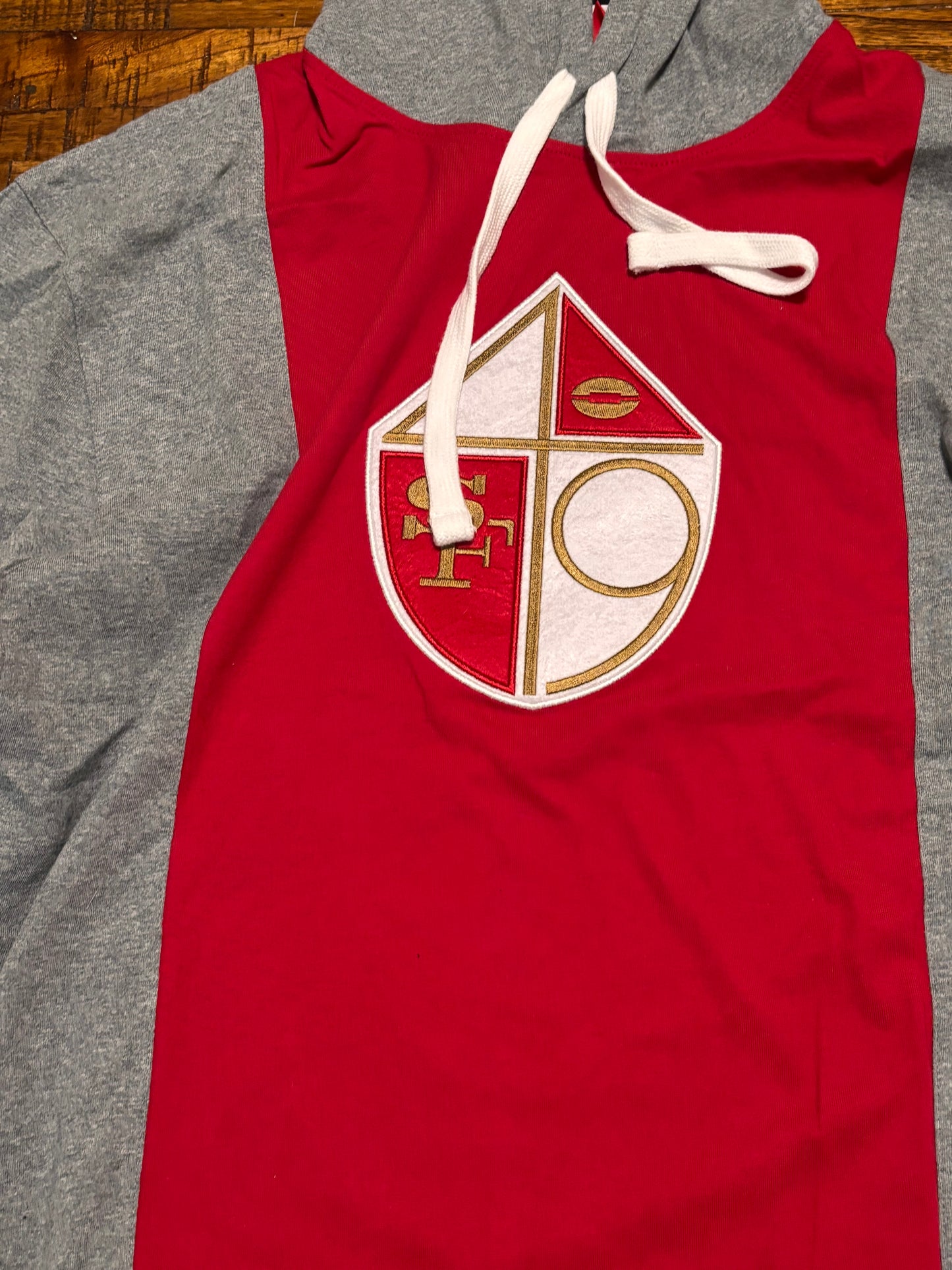 San Francisco 49ers Mitchell & Ness NFL Football Throwback Scarlet Shield Twofer Layered Long Sleeve Hoodie Hooded Sweat Shirt T-Shirt Red Black Gray Men’s Large L New NWOT