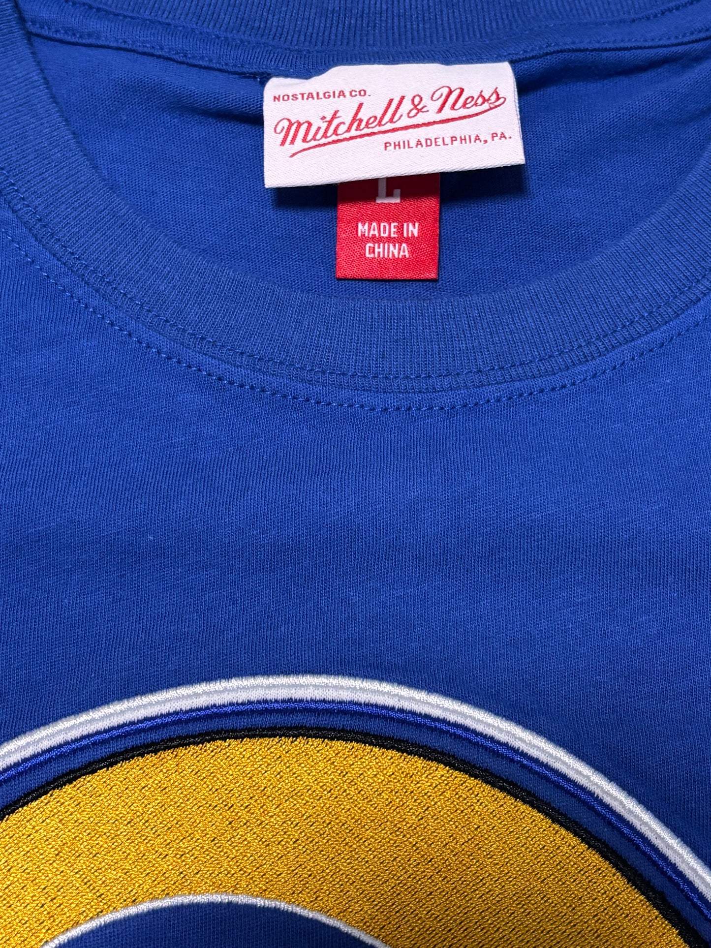 Saint Louis Los Angeles Rams Mitchell & Ness NFL Football Throwback Big Face Logo Team Origins Short Sleeve Pullover Shirt T-Shirt Gold Yellow Blue Men’s Large L New NWOT