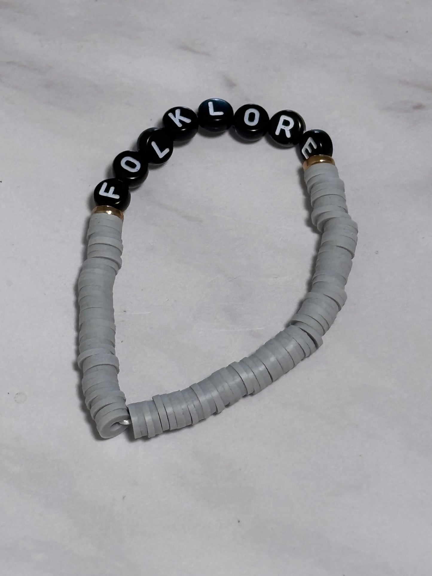 Folklore Grey Heishi Word Bracelet 7 Inch Polymer Clay Black White Letter Beads