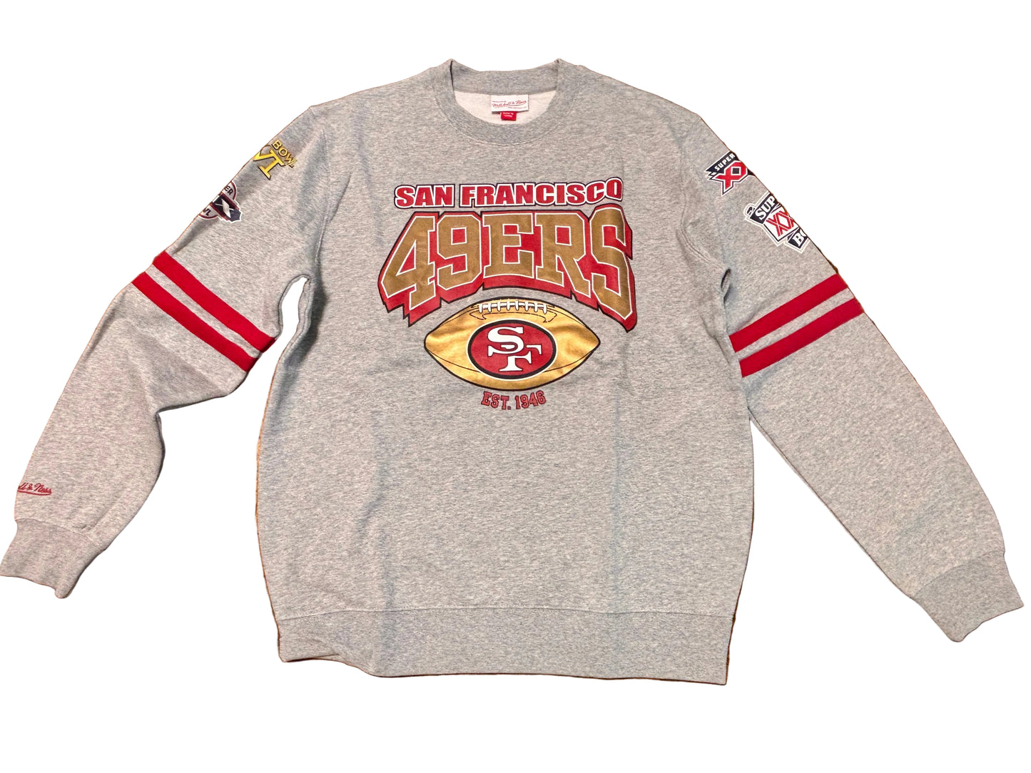 San Francisco 49ers Mitchell & Ness Throwback NFL Super Bowl Champions Big Face Logo All Over Print Long Sleeve Pullover Sweat Shirt Sweater Heather Gray Red Men’s Large L New NWOT