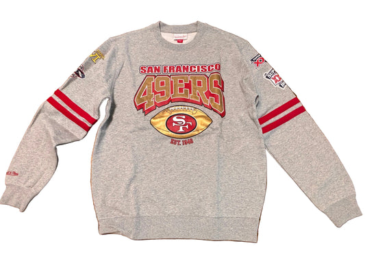 San Francisco 49ers Mitchell & Ness Throwback NFL Super Bowl Champions Big Face Logo All Over Print Long Sleeve Pullover Sweat Shirt Sweater Heather Gray Red Men’s Large L New NWOT
