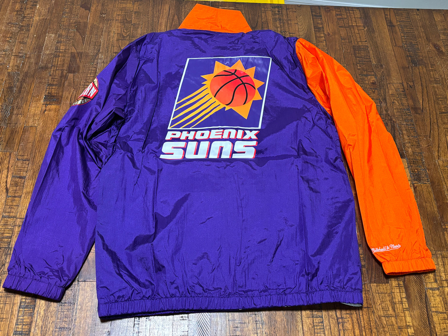 Phoenix Suns Mitchell & Ness NBA Retro Hardwood Classic HWC Split Satin Full Snap Lightweight Bomber Jacket Orange Purple Mens L Large New NWOT