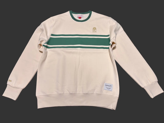 Mitchell & Ness Branded Sports Athletic Goods Pullover Long Sleeve Tee T Sweat Shirt Sweater Fleece White Cream Green Striped Trim Men’s Large L New NWOT