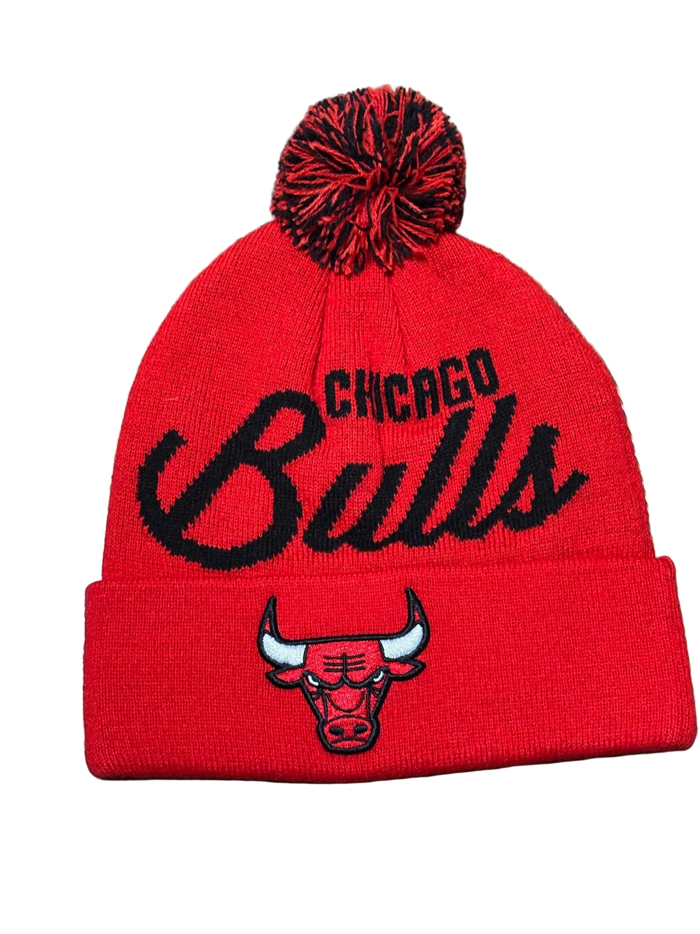 Chicago Bulls Mitchell & Ness NBA Retro Hardwood Classic HWC Two Tone Quilted Knit Skull Cap Pom Pom Beanie Hat Black Red New NWOT
