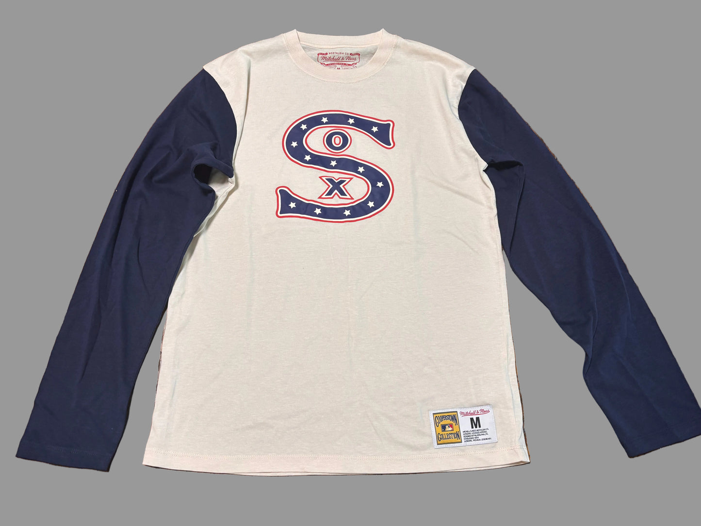Chicago White Sox Mitchell & Ness Cooperstown Collection MLB Baseball Big Face Logo Team Origins Long Sleeve Shirt T-Shirt Navy Blue White Cream Men’s Large L New NWOT