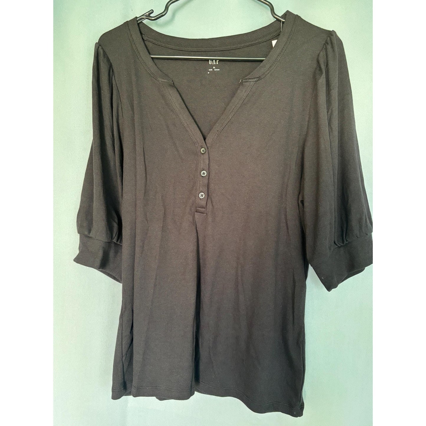 The Gap Fitted Henley Puff Sleeve Top Shirt Ribbed Black XL NWT