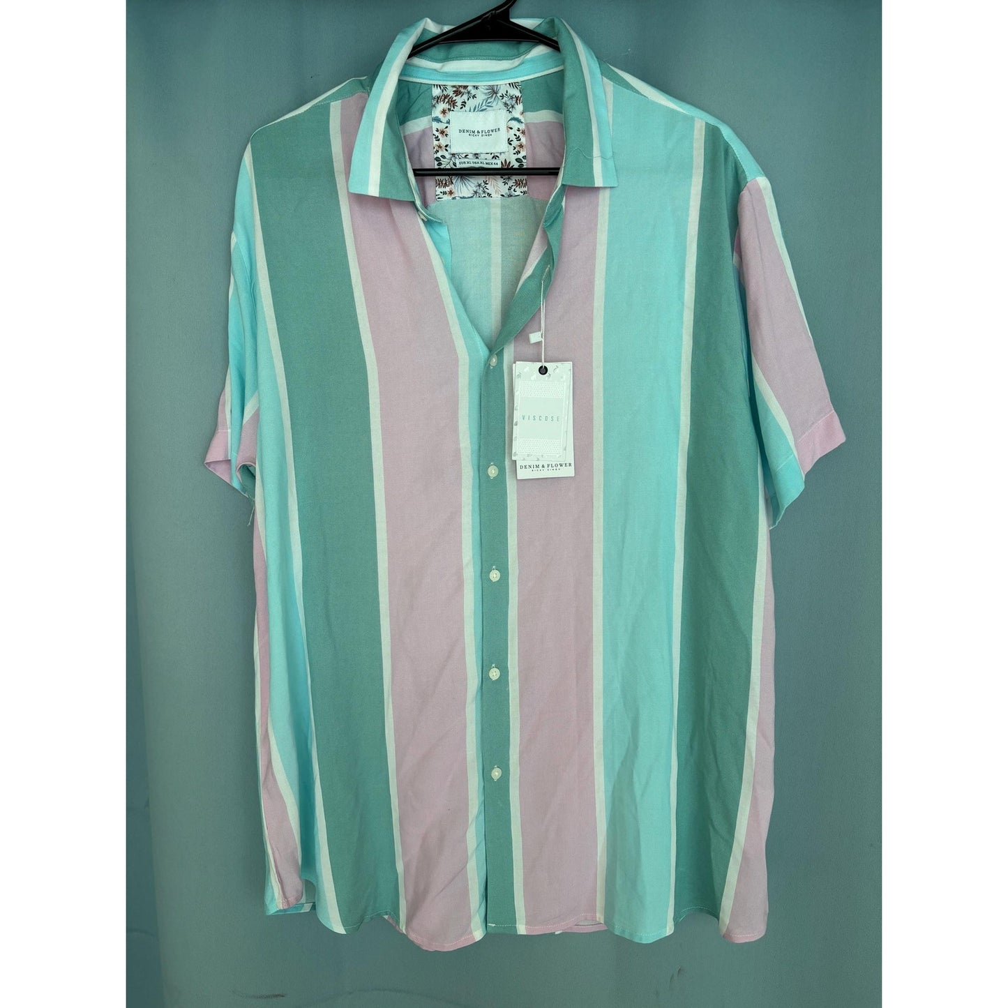 Denim & Flower Ricky Singh Top Womens Viscose Pink Blue Green Button-Up XL NWT