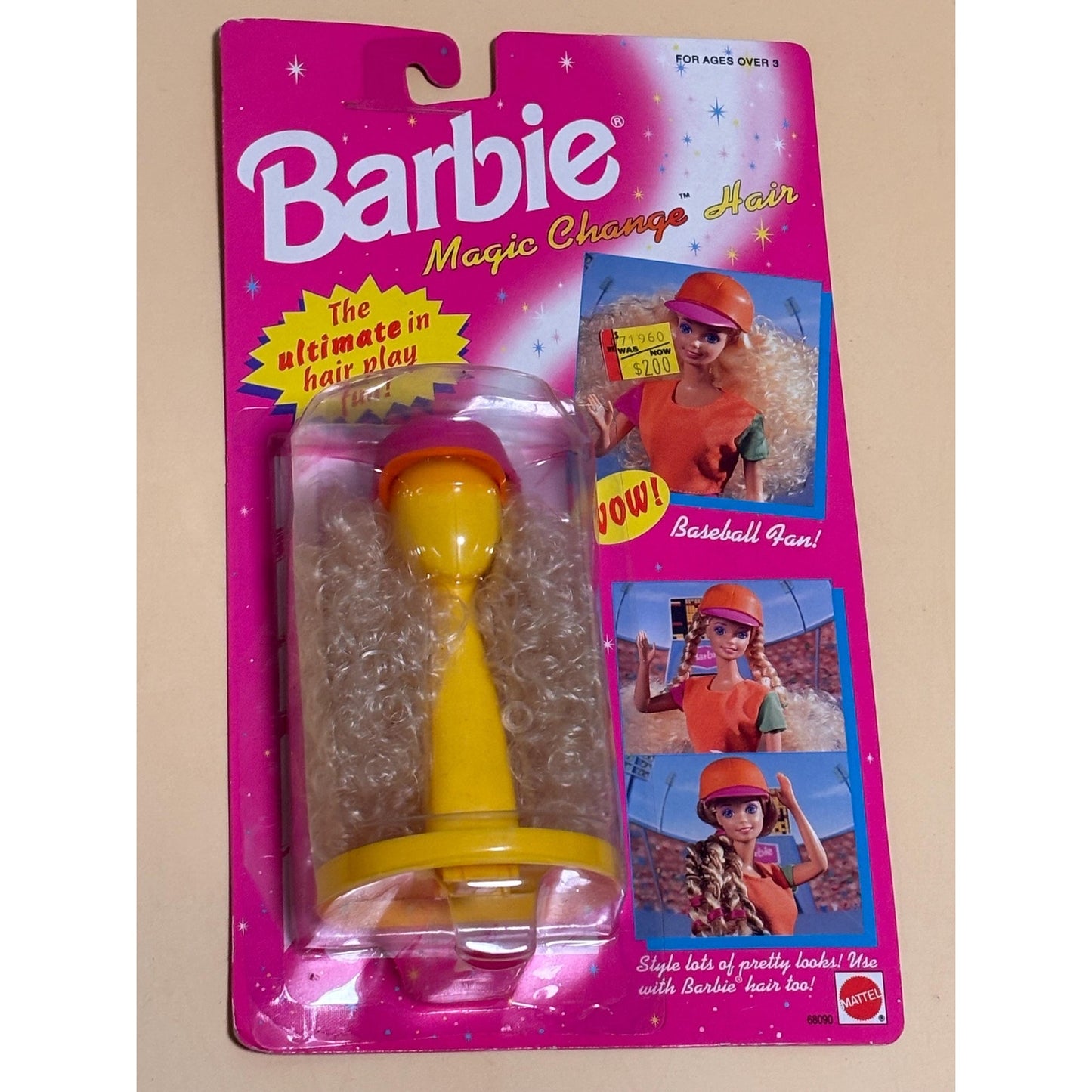 Vintage Mattel Barbie Magic Change Hair Baseball Fan 68090 Curly Blonde Wig 1993