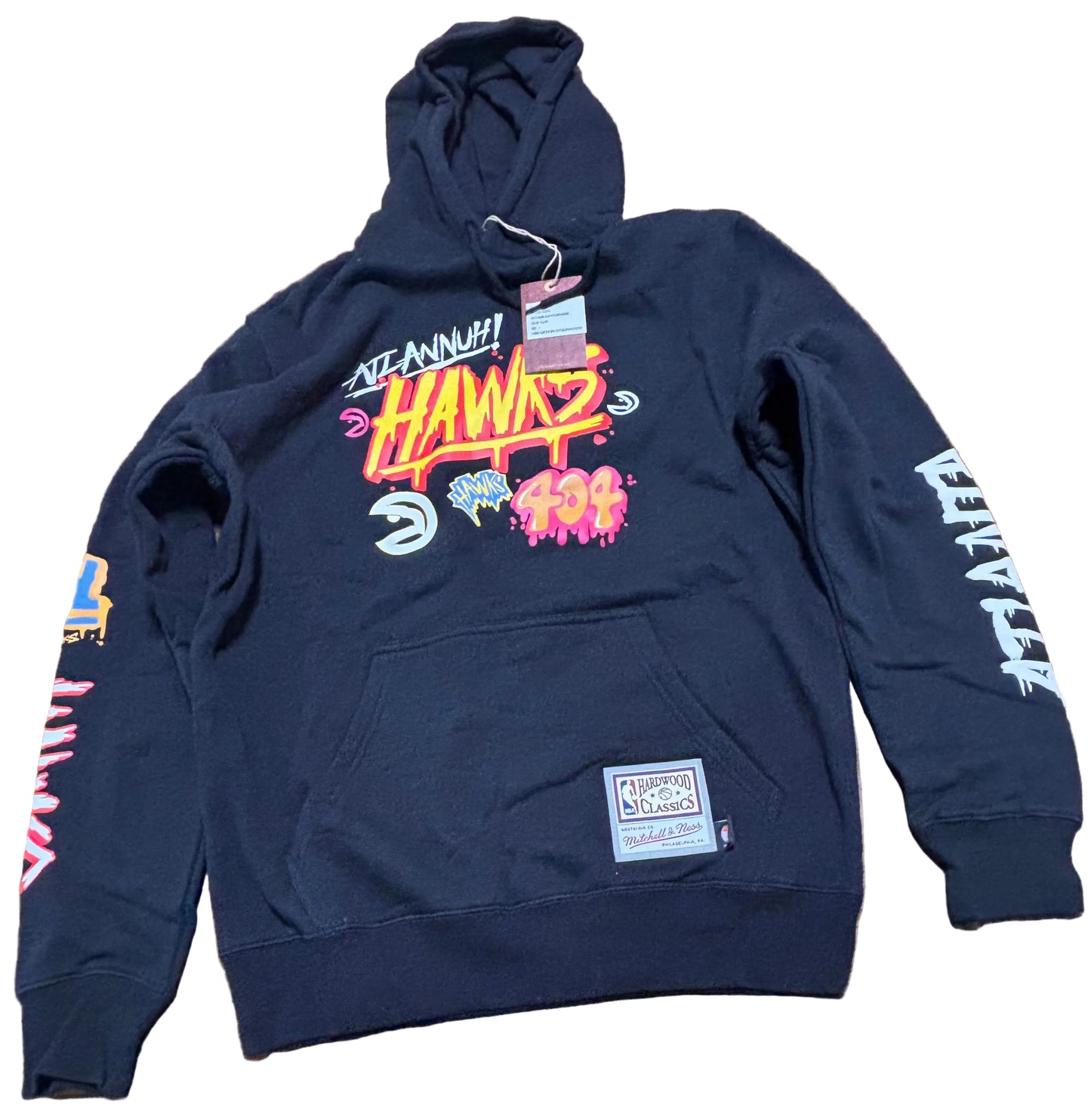 Atlanta Hawks Mitchell & Ness Hardwood Classic HWC NBA Retro Slap Sticker Pullover Hoodie Hooded Sweat Shirt Black Men’s Large L New NWT