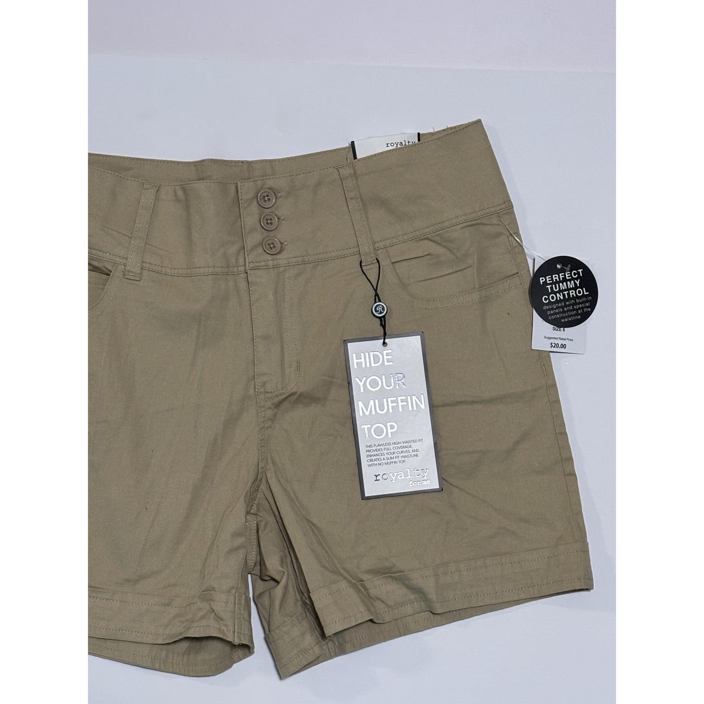 Royalty For Me Women's Hi Rise Shorts Stretch Khaki Brown Beige Size 6 NWT