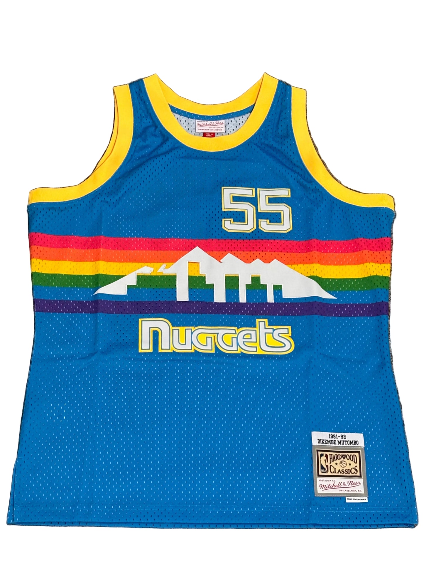 Denver Nuggets #55 Mitchell & Ness NBA Dikembe Mutombo Rainbow Tropical HWC 1991-92 Hardwood Classic Swingman Blue Jersey Men’s L Large NWOT New