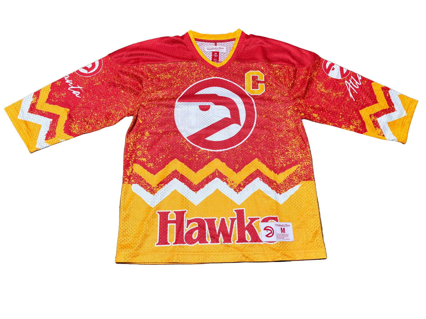 Atlanta Hawks Mitchell & Ness NBA Retro C Captain 3/4 Sleeve Mesh Shirt Red Yellow Youth Kids Medium M 10-12 New NWOT